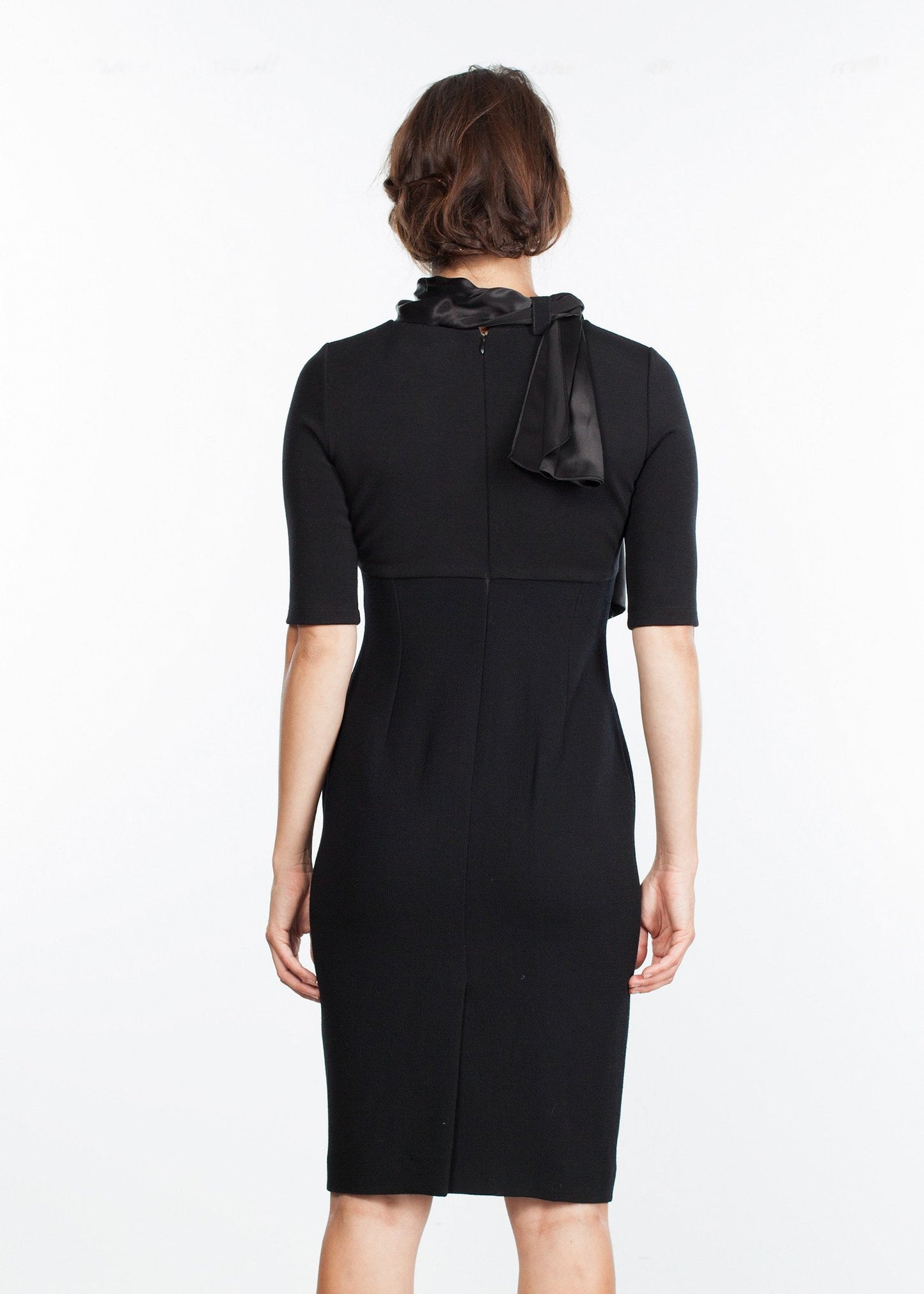 Tie Neck Wool Dress in Black Bis