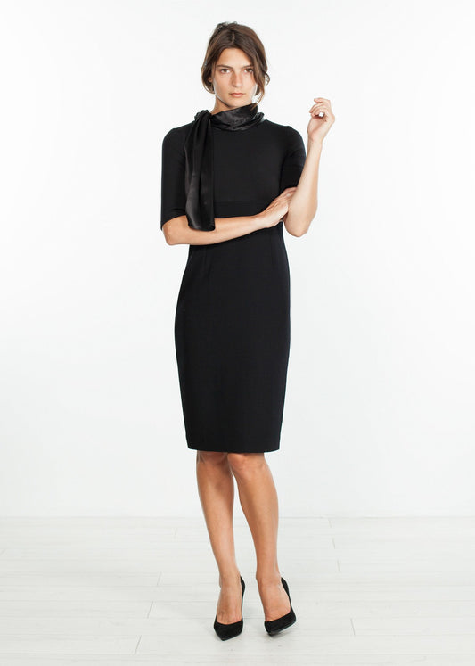 Tie Neck Wool Dress in Black Bis2