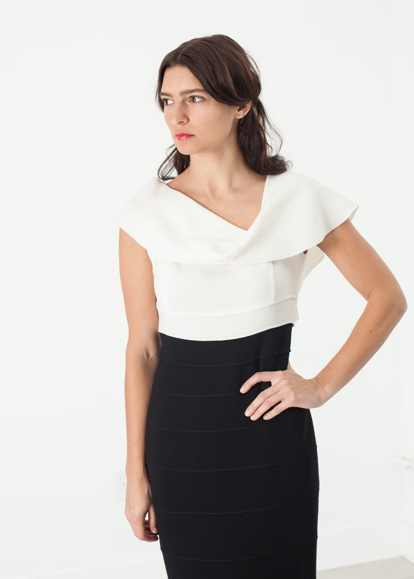Asymmetric Dress in Cream/Black Bis